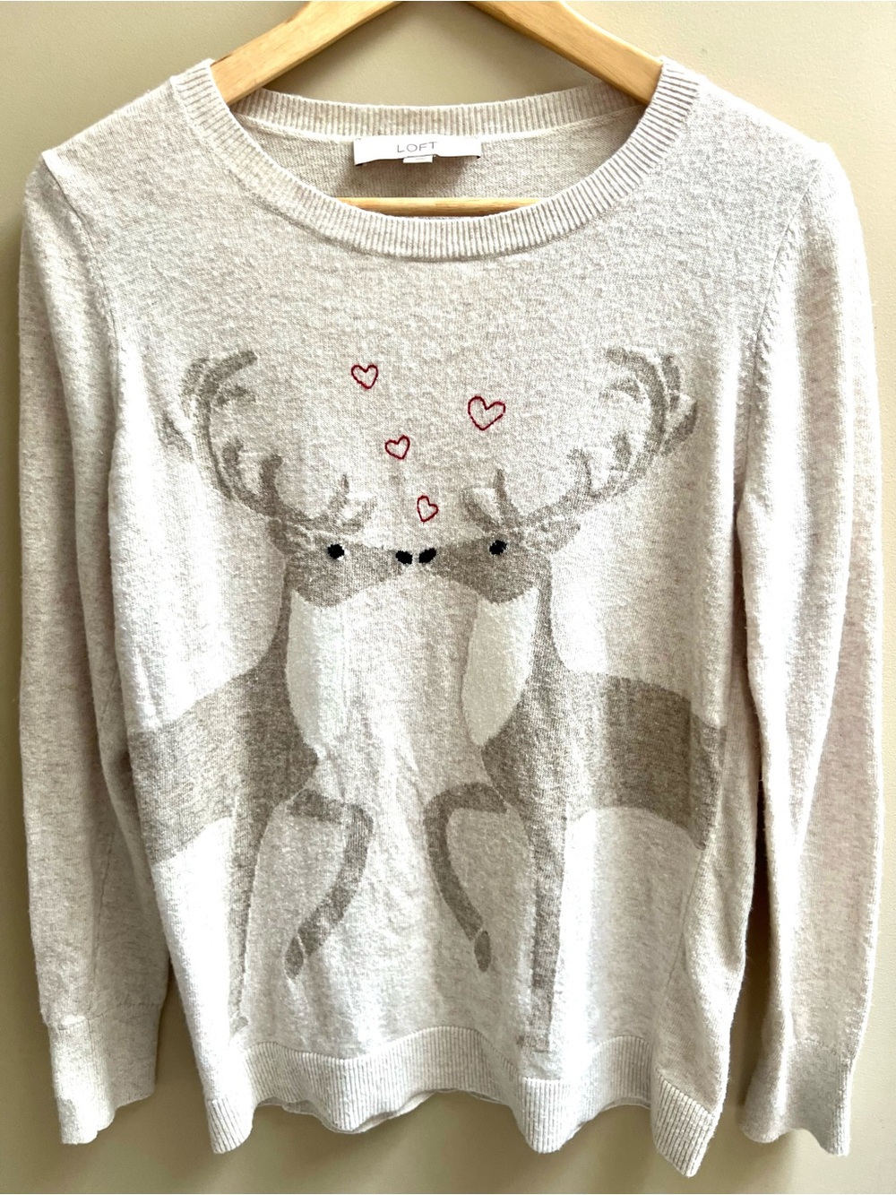 LOFT Cream Knit Sweater with Reindeer and Red Heart Accents